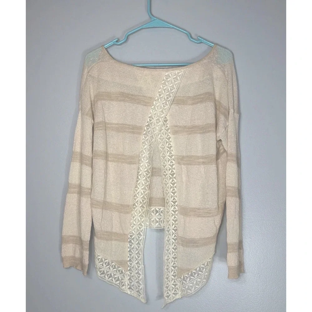 Free People Boho Lace Gauzy Relaxed Split Back Cream Granola Blouse Shirt XS